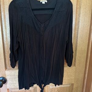 One World Black Tie Front Button Down Blouse.  3/4 Sleeve.  Size 1X.